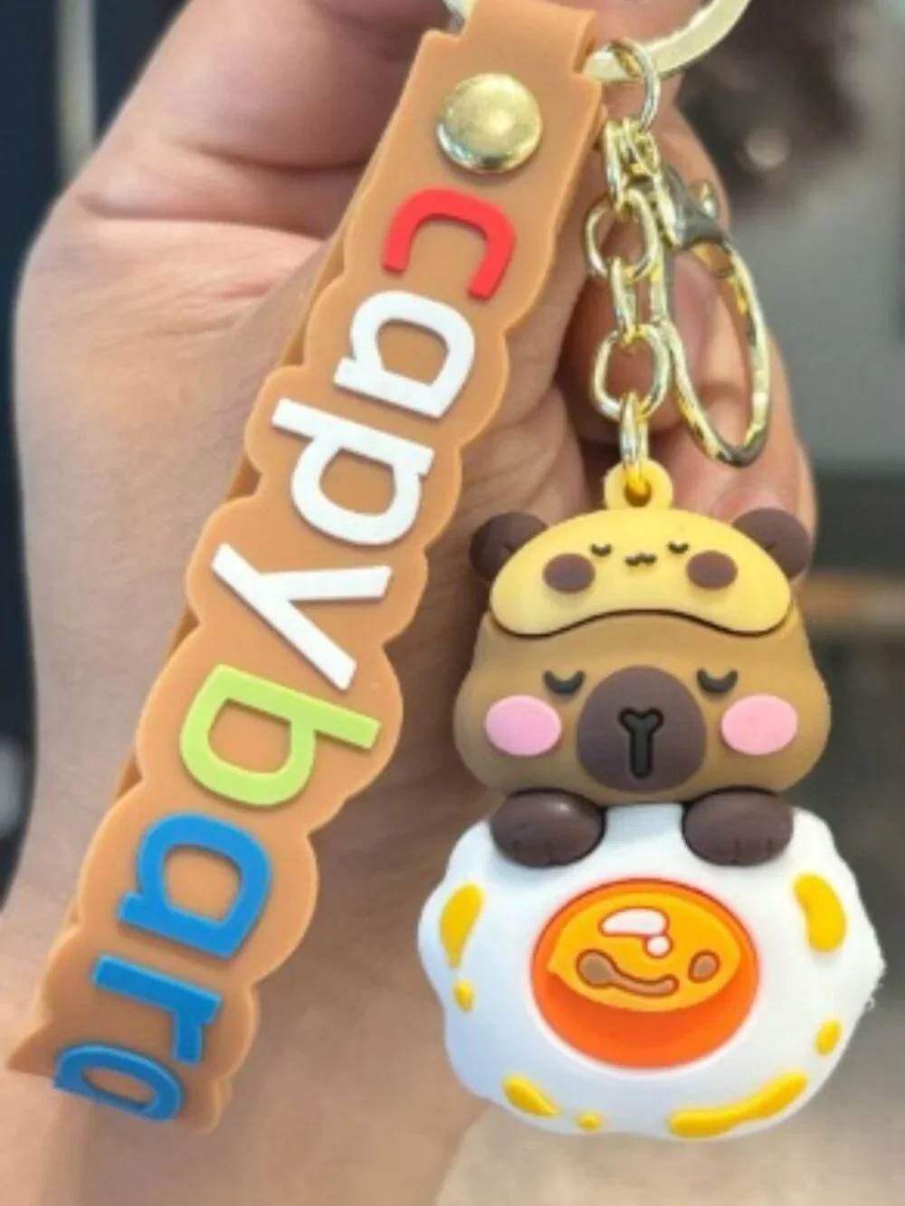 Cute Capybara on Fried Egg Silicone Keychain Colorful Wrist Strap Bag Charm